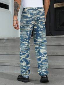 Manfinity EMRG Men's Fashion Street Style Distressed Print Slant Pocket Denim Jeans - Light Wash - View 2