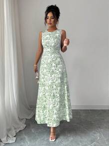 Selianne 优雅法式花卉印花修身无袖连衣裙，夏季 - 綠色 - 查看 4
