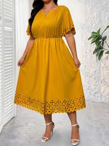 EMERY ROSE Váy chữ A tay ngắn khoét rỗng cỡ lớn thường ngày, màu trơn, mùa hè - Màu vàng - Xem 4