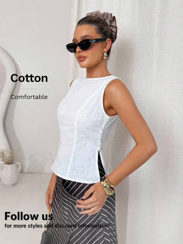 Lavishia Sleeveless Cotton Linen White Bamboo Knot Button Slim Fit Office Vintage Shirt