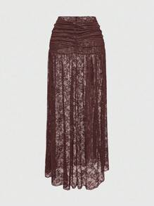 ROMWE Retro Gothic Lace Ruffle Hem Split Skirt - Brown - View 2
