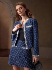 MOTF PREMIUM 撞色亮片口袋上衣和牛仔裙 - 藍色 - 查看 6