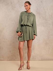 COSMINA Robe décontractée automne pour femmes, robe ajustée à manches lanternes et taille, robe verte sauge à nœud devant, robe à manches longues - Militaire verte - Voir 4