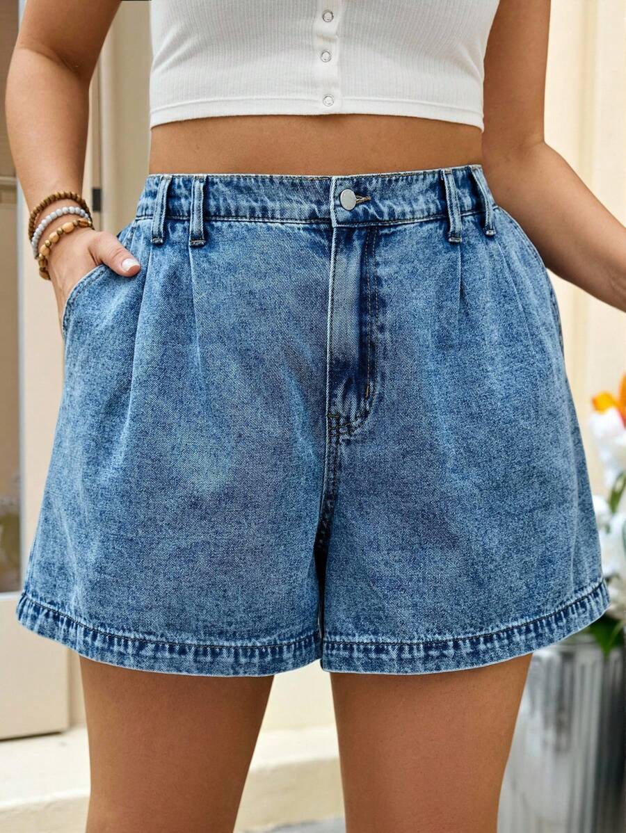 SHEIN Tall CURVE 大码女装 夏季秋季女装 返校季 Y2K 2000 年代风格 街头服饰 斯德哥尔摩风格 朋克机场 女士约会之夜 女士外出 超短裤 休闲蓝色牛仔磨边短裤