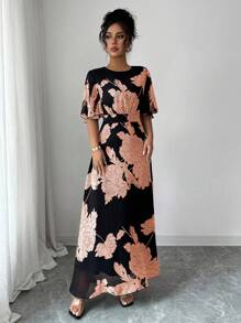 Modelyn Vestido maxi de chifón con volantes, manga acampanada, cuello redondo, ajustado y fluido para mujer, elegante para primavera/verano