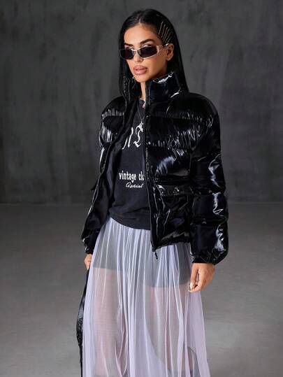 EURMUSE Shinny Hooded Zipper Detailed Quilted Women's Puffer Down Coat, Waterproof Short Puffer Coats Puffer Jacket Black Puffer Jacket Women Y2k Puffer Jacket Shiny Puffer Jacket Black Jacket Women Womens Puffer Jacket Puffer Jacket Y2k Black Vinyl Puffer Jacket Y2k Outerwear