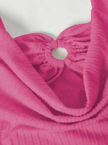 Elenzga 法国奶油黄色纹理条纹夏季甜辣别致设计细肩带领口海滩度假露背紧身衣 - 玫紅色 - 查看 4