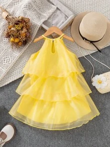 SHEIN 年轻女孩节日华丽派对宴会多层吊带背心连衣裙，节日，夏季，旅行 - 黃色 - 查看 2