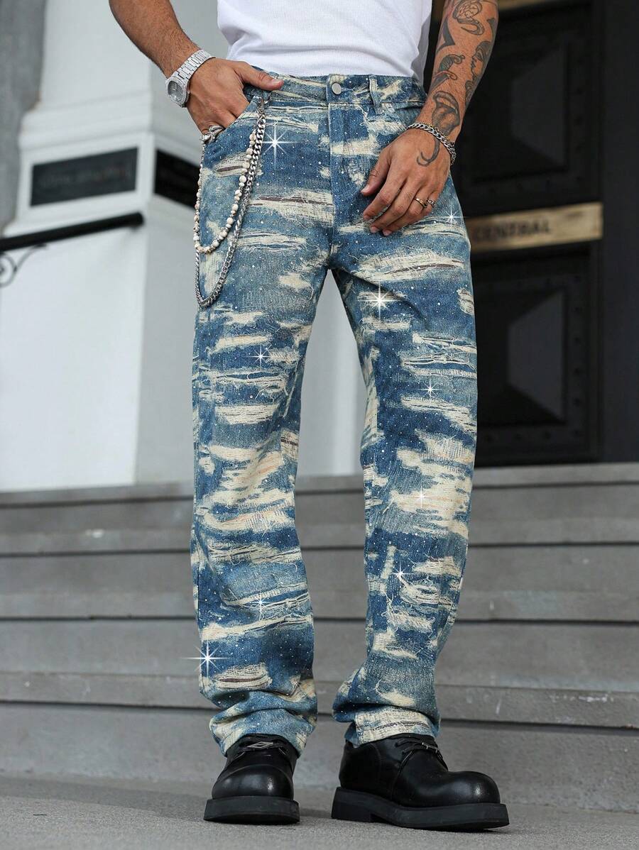 Manfinity EMRG Men's Fashion Street Style Distressed Print Slant Pocket Denim Jeans - Light Wash - View 1