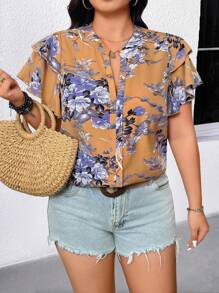 SHEIN Plus Size Women's Casual Loose Fashion Printed Ruffle Trim Blouse Shirt - Yellow - View 6