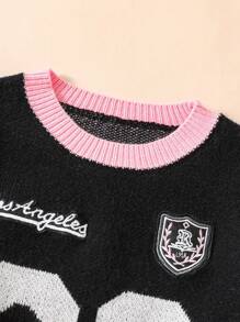 Girls' Jacquard Color Block Crew Neck Long Sleeve Knit Sweater, Size 23 - Black - View 3