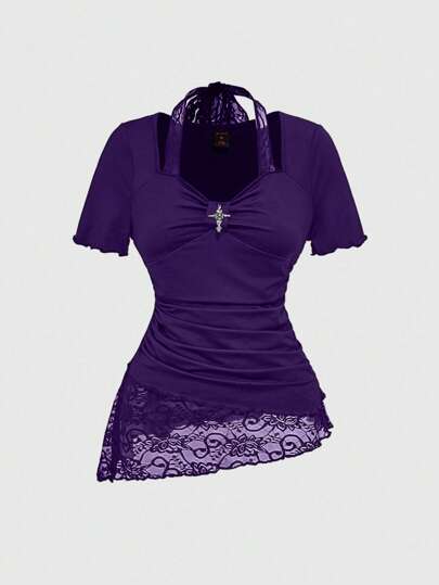 Blusa con escote halter, cordón a la cintura y dobladillo asimétrico con aplicaciones de encaje y parches de punto para mujer