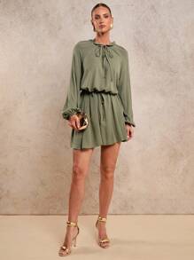 COSMINA Robe décontractée automne pour femmes, robe ajustée à manches lanternes et taille, robe verte sauge à nœud devant, robe à manches longues - Militaire verte - Voir 3