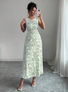 Selianne 优雅法式花卉印花修身无袖连衣裙，夏季 - 綠色 - 查看 6