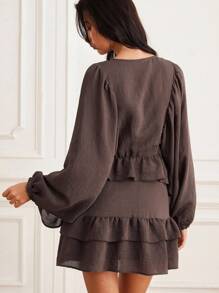 EMERY ROSE Women's Elegant Coffee Brown Autumn Loose Fit Round Neck Lantern Sleeve Layered Ruffle Hem Casual Dress For Tea Party,Fall Long Sleeve Cloth - Coffee Brown - View 2
