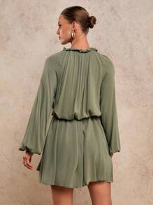 COSMINA Robe décontractée automne pour femmes, robe ajustée à manches lanternes et taille, robe verte sauge à nœud devant, robe à manches longues - Militaire verte - Voir 2