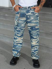 Manfinity EMRG Men's Fashion Street Style Distressed Print Slant Pocket Denim Jeans - Light Wash - View 4