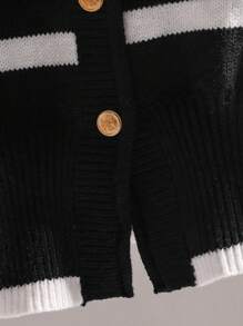 Tween Girl Classic Black & White Striped High Waist Metal Button All-Match Versatile Cardigan, Autumn/Winter - Black - View 4
