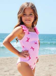 SHEIN Young Girl Knitted Striped Bowknot Design 3D Floral One-Piece Swimsuit Girls Pink Bow Swimsuit Girls Striped Swimsuit One Piece Swimsuit Girls Pink One Piece Swimsuit Girls Swimwear