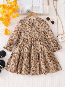 Emery Rose Kids Emery Rose Kids 年轻女孩年轻女孩双胞胎女孩碎花圆领泡泡袖修身休闲蛋糕 A 字连衣裙，秋冬新品，年轻女孩，妈妈 & 姐妹 & 我搭配。返校 - 卡其色 - 查看 8
