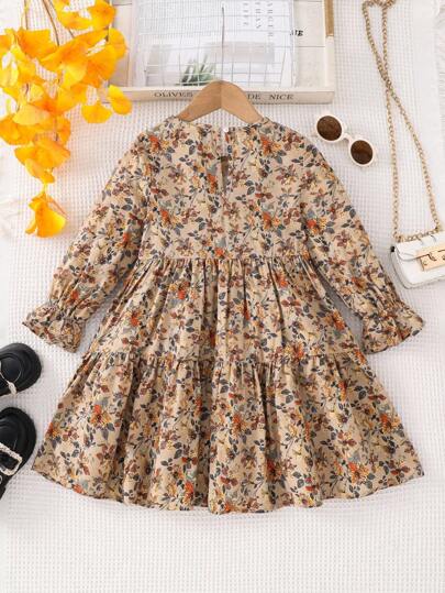 Emery Rose Kids Emery Rose Kids 年轻女孩年轻女孩双胞胎女孩碎花圆领泡泡袖修身休闲蛋糕 A 字连衣裙，秋冬新品，年轻女孩，妈妈 & 姐妹 & 我搭配。返校
