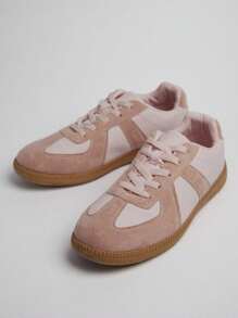 Solezae 畅销女款仿德国复古系带圆头橡胶底休闲灰粉色运动鞋 - 经典百搭必备