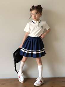 2pcs/Set Young Girl Polo Collar Casual T-Shirt And Pleated Skirt Outfit For School - Multicolor - View 1