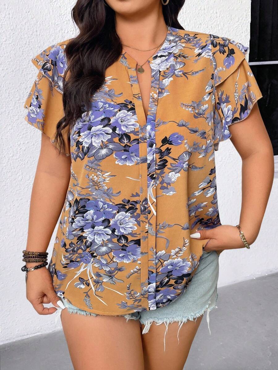 SHEIN Plus Size Women's Casual Loose Fashion Printed Ruffle Trim Blouse Shirt - Yellow - View 1