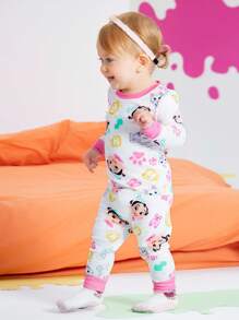 CoComelon X SHEIN Baby Girl Cartoon Figure Graphic Contrast Trim Long Sleeve Top And Pants Homewear Set - Pink - View 4