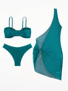 Swim SXY 3pcs Women's Retro Solid Black Asymmetric Swimsuit Set, Halter Top Swimsuit With Metal Embellishment And Beach Cover Up Dress, Sexy Beachwear For Summer Beach Vacation - Teal Blue - View 7