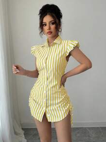 Selianne Váy sơ mi tay lỡ thắt eo kẻ sọc thanh lịch cho kỳ nghỉ - Màu vàng - Xem 3