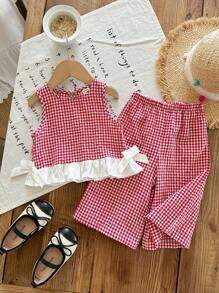SHEIN LMoss Kids Summer Babygirl Cute Red & White Plaid Ruffle Trim Sleeveless Top And Elastic Waist Loose Wide Leg Pants Set - Red and White - View 4