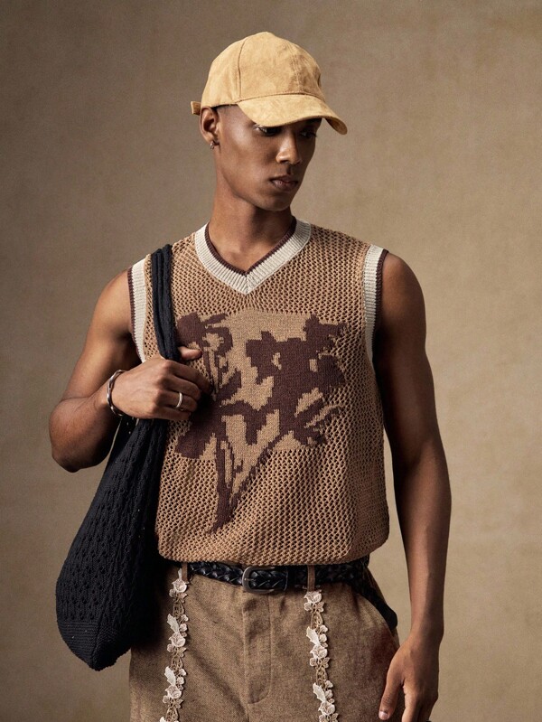 AKNOTIC Men's Knitted Brown Floral Crochet Elastic Fitted Casual Vest, Suitable For Daily Wear, Commuting, Summer, Vacation, Party, Wedding, Couple, Boyfriend Gift, Beachwear