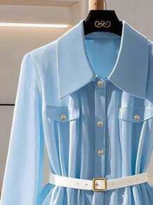 Franclia New Design Blue Long Sleeve Casual Waist Blouse For Women - Blue - View 4
