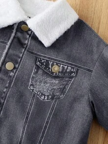 SHEIN Baby Boys Casual Cute Denim Printed Thermal Lined Long Sleeve Collared Jacket, Suitable For Outings, School, Daily Gatherings, Autumn/Winter Fall - Black and White - View 3