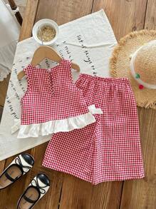 SHEIN LMoss Kids Summer Babygirl Cute Red & White Plaid Ruffle Trim Sleeveless Top And Elastic Waist Loose Wide Leg Pants Set - Red and White - View 2