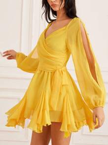 Aveloria 女式雪纺夸张不对称下摆镂空性感长袖连衣裙 - 黃色 - 查看 1