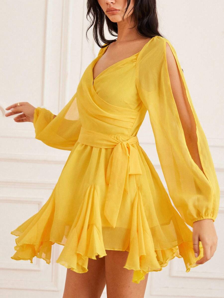 Aveloria 女式雪纺夸张不对称下摆镂空性感长袖连衣裙 - 黃色 - 查看 1