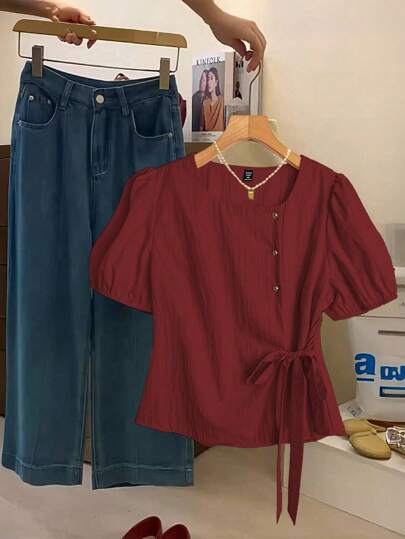 Linhara Women's Solid Color Woven 3-Button Puff Sleeve Tie-Front Shirt, Cinched Waist, Short Sleeve, Summer