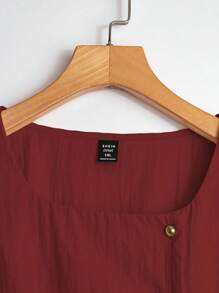 Linhara 女式纯色梭织三扣泡泡袖系带衬衫，收腰，短袖，夏季 - 酒紅色 - 查看 3
