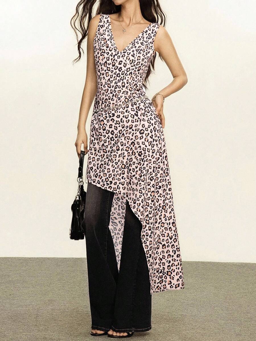 Rina Fox 女式花卉V领性感清教徒Y2K不对称下摆长裙，夏季 - 彩色 - 查看 1