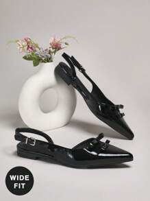 SHUZIA Women's Wide-Fit Classic Sling Back Pointy Toe Low Heel Pumps For Christmas - Black - View 5