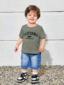 SHEIN 3件套男婴字母图案针织柔软圆领短袖套头衫套装