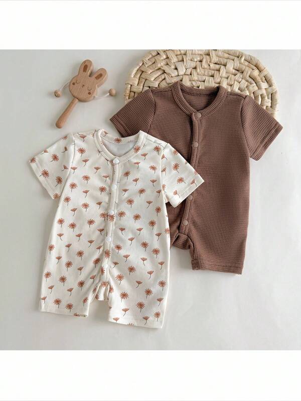 Loomiva 2pcs Newborn Baby Girl Floral Knitted Soft Crew Neck Short Sleeve Romper And Shorts Set