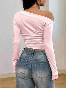 INAWLY 大码纯色不对称肩部镂空长袖T恤 - 粉色 - 查看 2