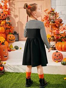 Emery Rose Kids Emery Rose Kids 小女孩和双胞胎小女孩万圣节趣味表情印花角色扮演连衣裙，女孩秋冬服装，适合万圣节穿着，条纹拼接，3D猫耳可爱猫咪图案印花休闲连衣裙，撞色二合一连衣裙，套装，姐妹装，秋季 - 黑與白 - 查看 6