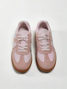 Solezae 畅销女款仿德国复古系带圆头橡胶底休闲灰粉色运动鞋 - 经典百搭必备