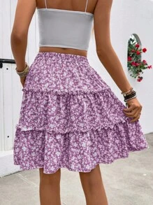 Breezaya 春夏假期碎花层叠荷叶边下摆迷你裙 - 紫色 - 查看 2