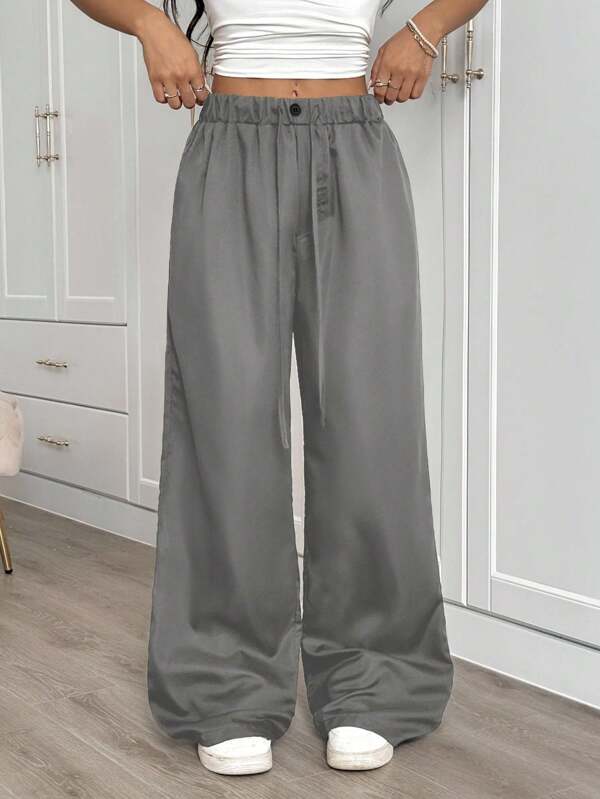 SHEIN EZwear Plus Size Women's Solid Color Self-Tie Waist Straight Leg Casual Pants