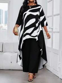 SHEIN Lady Bộ quần áo 2 món cỡ lớn 2025 dành cho nữ, mặc đi làm, đi chơi, công sở, in họa tiết màu tương phản, viền áo bất đối xứng, trang phục nghỉ dưỡng mùa hè thanh lịch dành cho nữ, cỡ lớn, bộ 2 món thời trang thu đông cho nữ - Đen và trắng - Xem 1